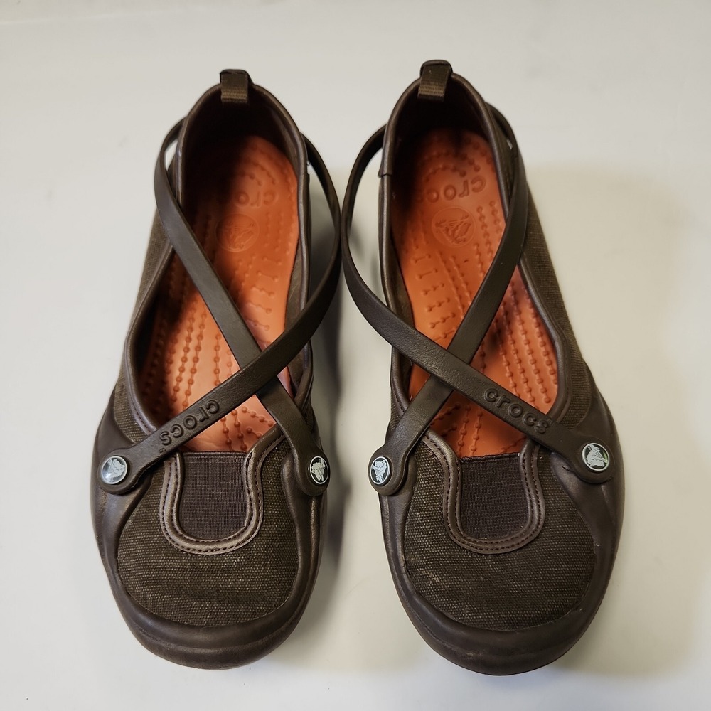 Crocs Adrina Mary Jane Flats Brown Canvas Croslite Strappy Shoes Womens 7